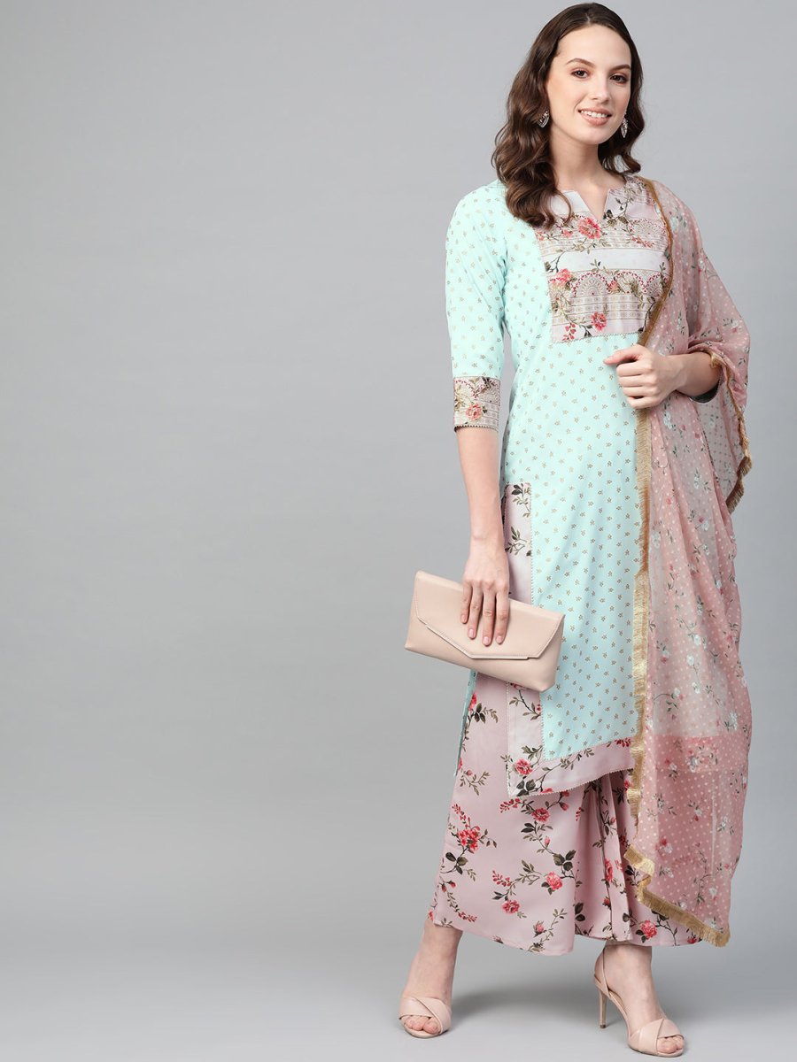 Ahalyaa Women Sea Green & Pink Printed Straight Kurta with Palazzos & Dupatta | Grocsy