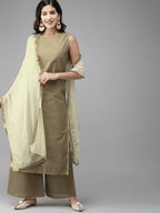 Ahalyaa Women Gold Beige Kurta Set | Grocsy