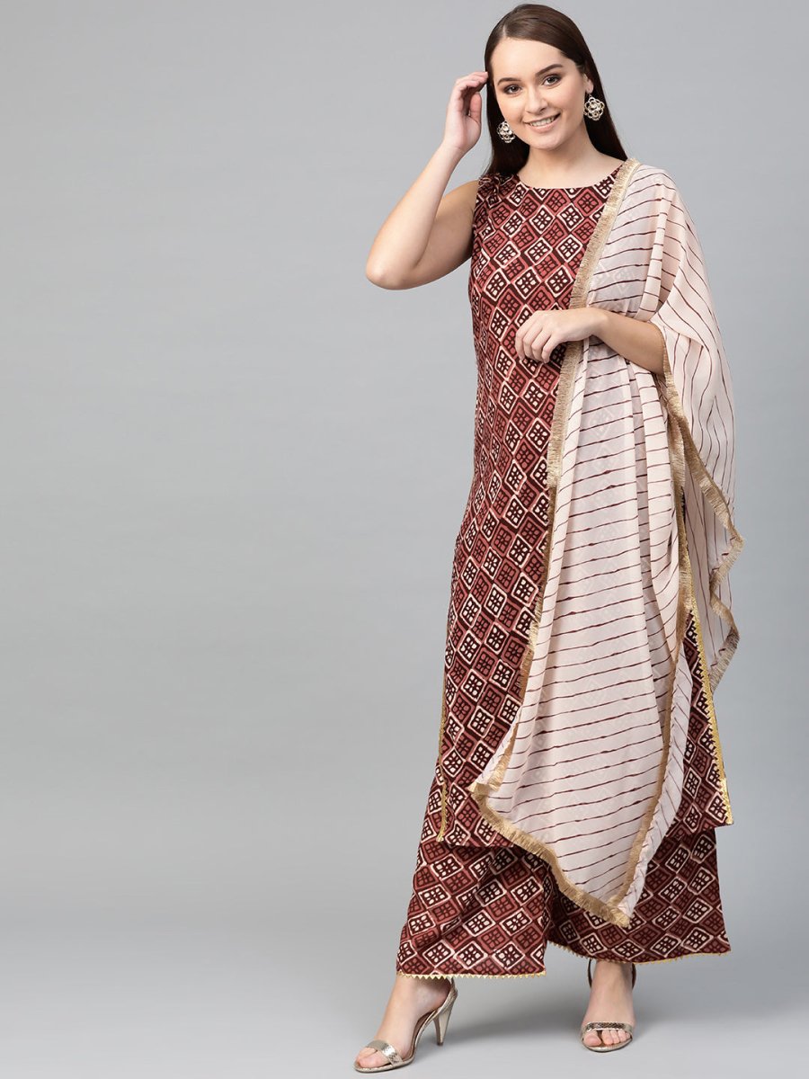 Ahalyaa Women Maroon & Off-White Printed Kurta with Palazzos & Dupatta | Grocsy