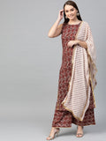 Ahalyaa Women Maroon & Off-White Printed Kurta with Palazzos & Dupatta | Grocsy