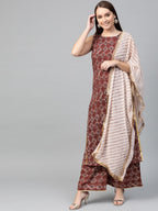 Ahalyaa Women Maroon & Off-White Printed Kurta with Palazzos & Dupatta | Grocsy