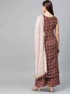 Ahalyaa Women Maroon & Off-White Printed Kurta with Palazzos & Dupatta | Grocsy