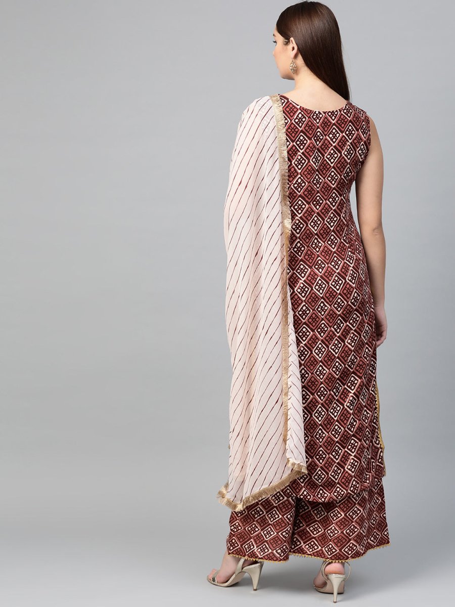 Ahalyaa Women Maroon & Off-White Printed Kurta with Palazzos & Dupatta | Grocsy