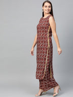 Ahalyaa Women Maroon & Off-White Printed Kurta with Palazzos & Dupatta | Grocsy