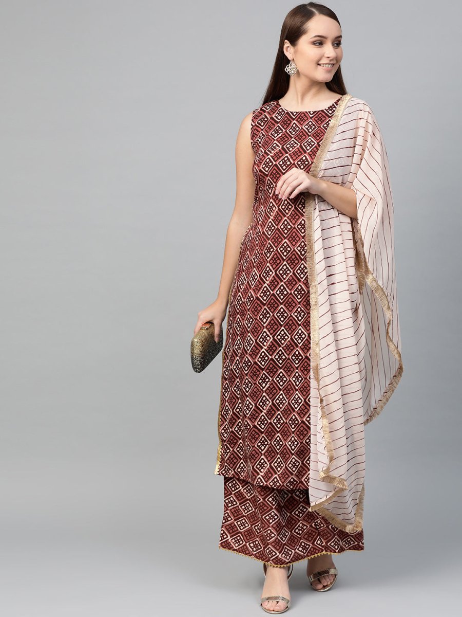 Ahalyaa Women Maroon & Off-White Printed Kurta with Palazzos & Dupatta | Grocsy