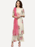 Ahalyaa Women Cream-Coloured & Pink Printed Kurta with Palazzos & Dupatta | Grocsy