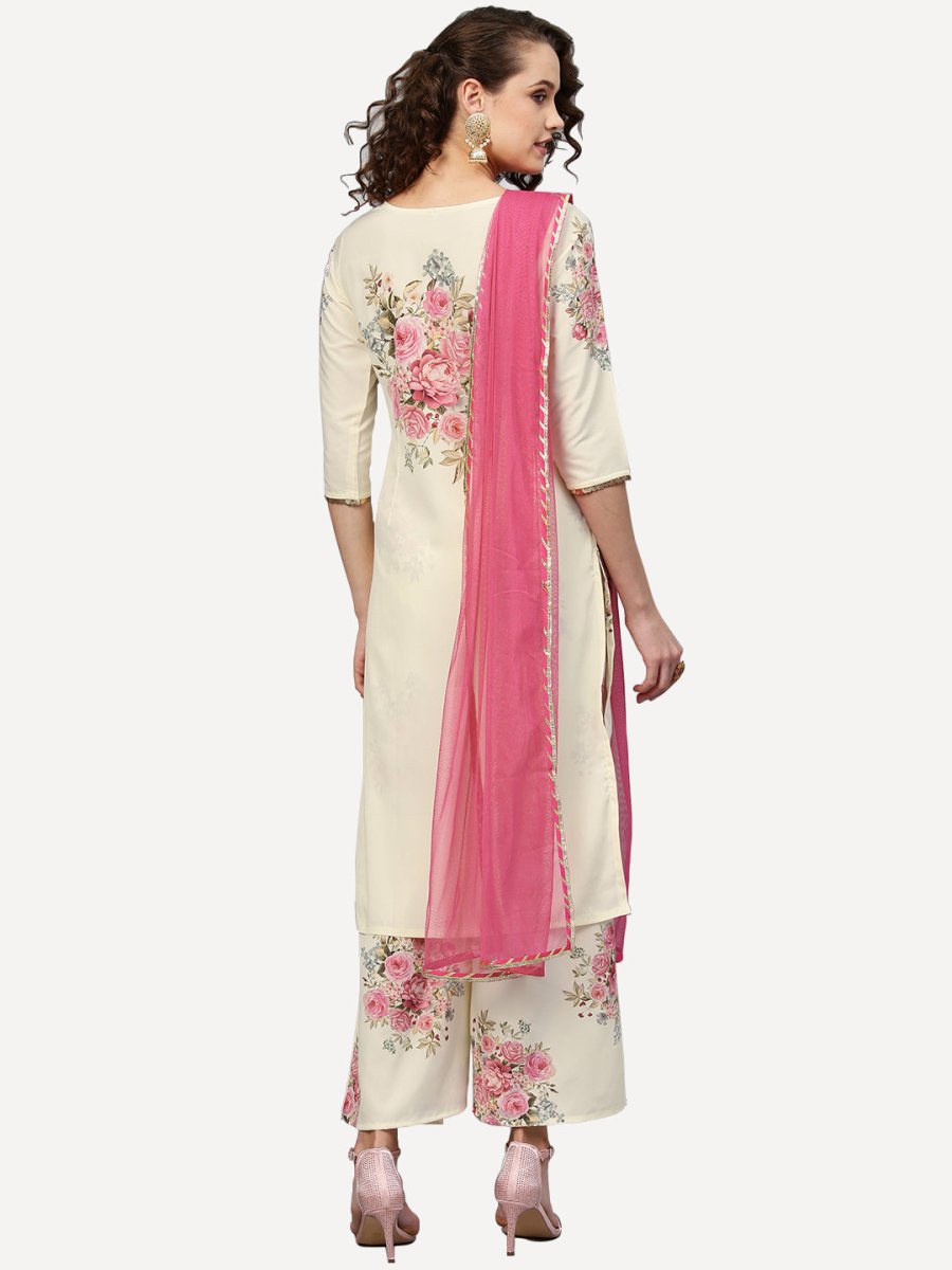Ahalyaa Women Cream-Coloured & Pink Printed Kurta with Palazzos & Dupatta | Grocsy