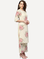 Ahalyaa Women Cream-Coloured & Pink Printed Kurta with Palazzos & Dupatta | Grocsy