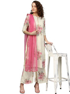 Ahalyaa Women Cream-Coloured & Pink Printed Kurta with Palazzos & Dupatta | Grocsy