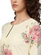 Ahalyaa Women Cream-Coloured & Pink Printed Kurta with Palazzos & Dupatta | Grocsy