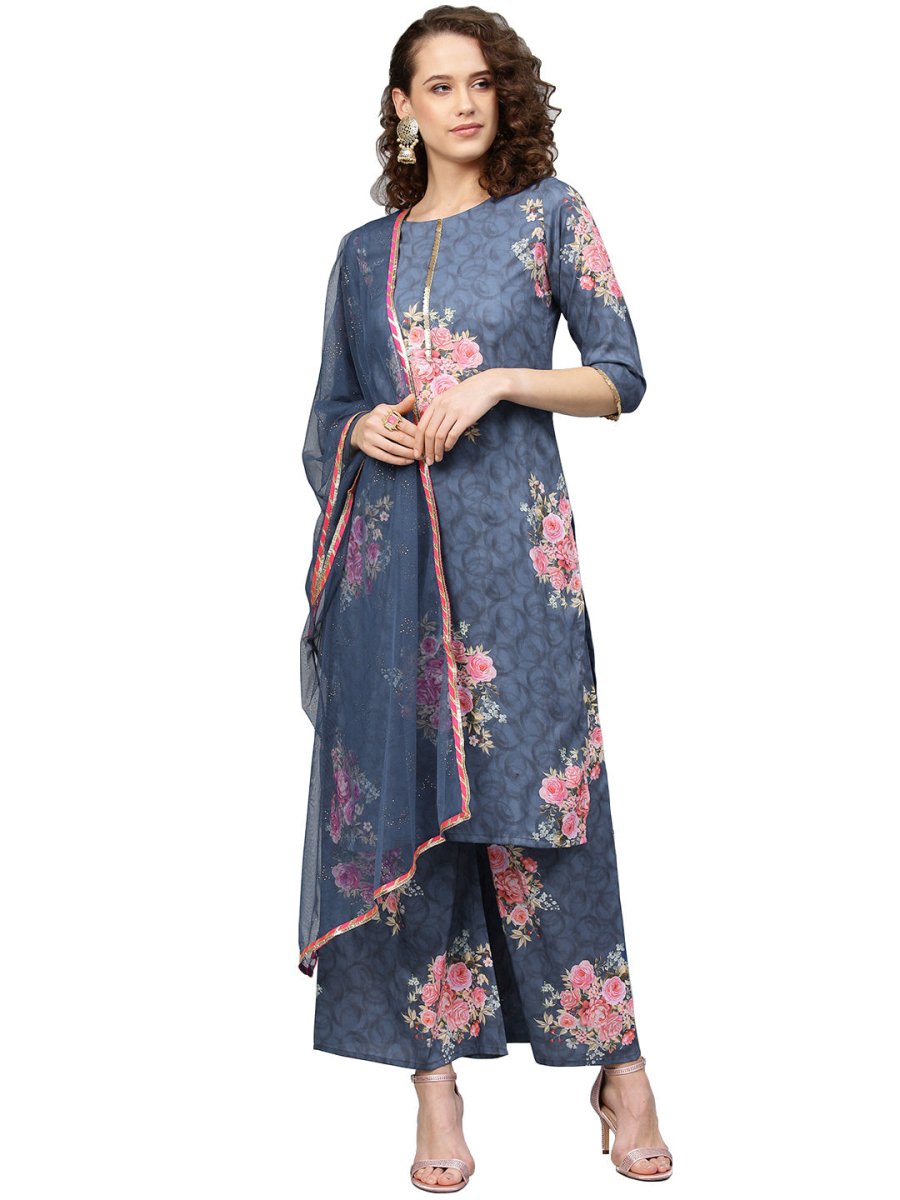 Ahalyaa Women Blue & Pink Printed Kurta with Palazzos & Dupatta | Grocsy