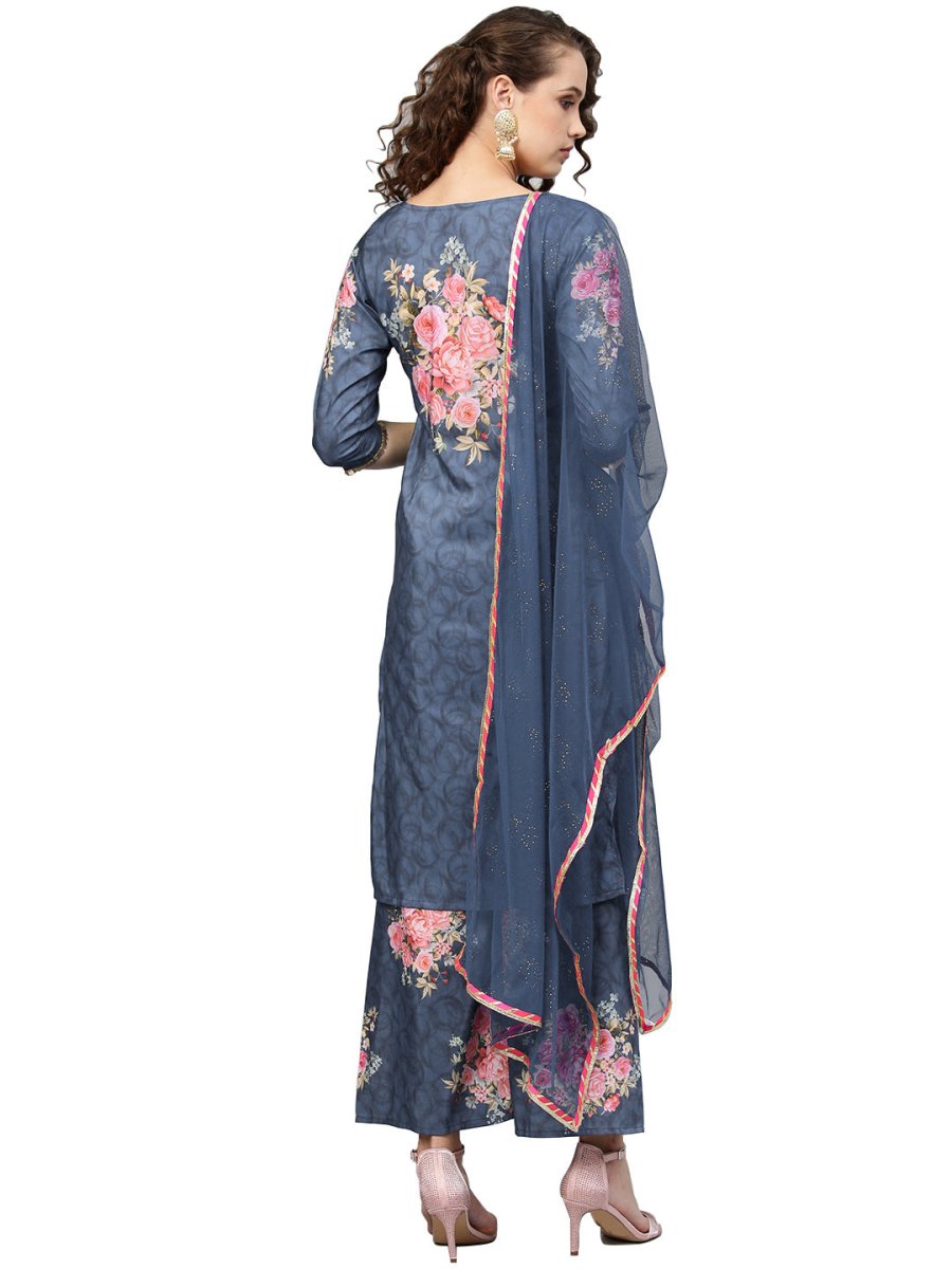 Ahalyaa Women Blue & Pink Printed Kurta with Palazzos & Dupatta | Grocsy