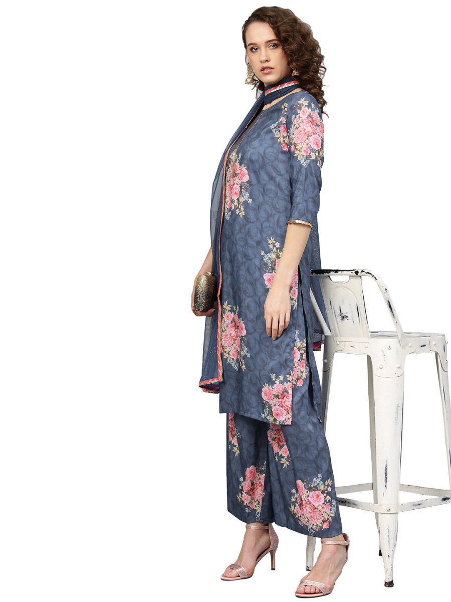 Ahalyaa Women Blue & Pink Printed Kurta with Palazzos & Dupatta | Grocsy
