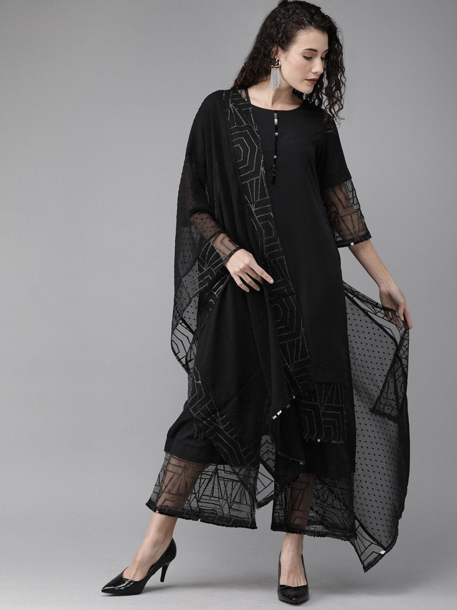 Ahalyaa Women Black Embellished Kurta with Palazzos & Dupatta | Grocsy