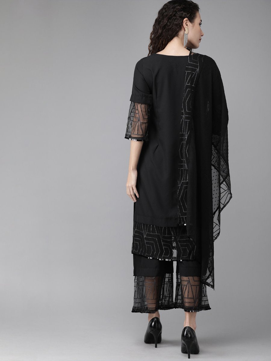 Ahalyaa Women Black Embellished Kurta with Palazzos & Dupatta | Grocsy