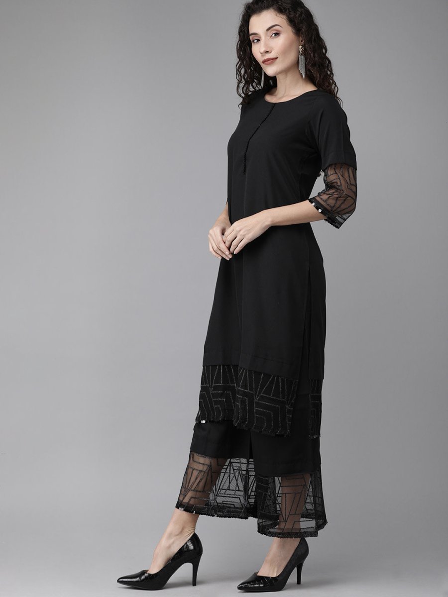 Ahalyaa Women Black Embellished Kurta with Palazzos & Dupatta | Grocsy