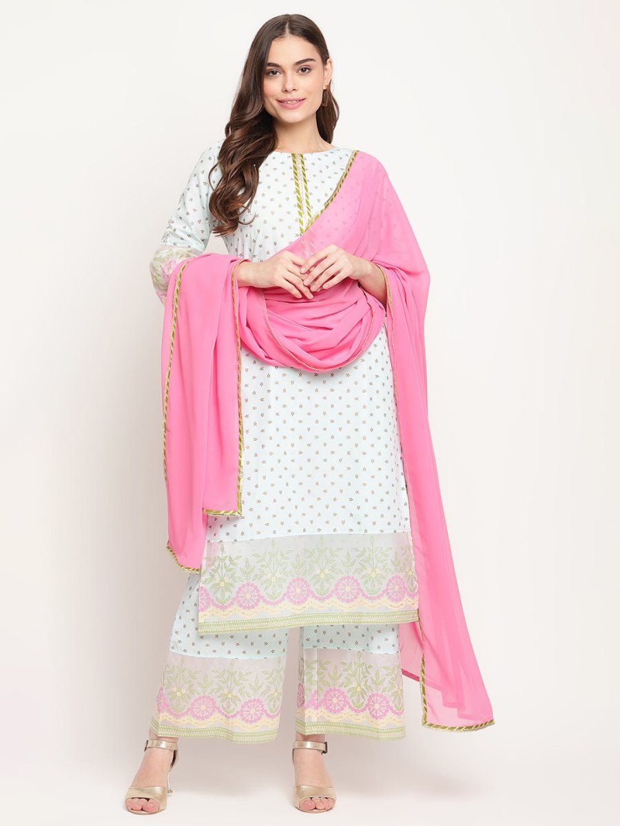 Ahalyaa Women Blue Ethnic Motifs Printed Regular Gotta Patti Kurta With Palazzos & Dupatta | Grocsy