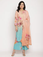 Ahalyaa Women Peach-Coloured Floral Printed Regular Sequinned Kurta With Palazzos & Dupatta | Grocsy