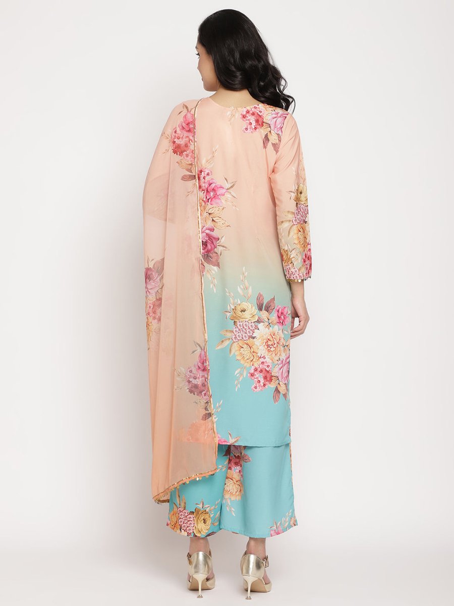Ahalyaa Women Peach-Coloured Floral Printed Regular Sequinned Kurta With Palazzos & Dupatta | Grocsy