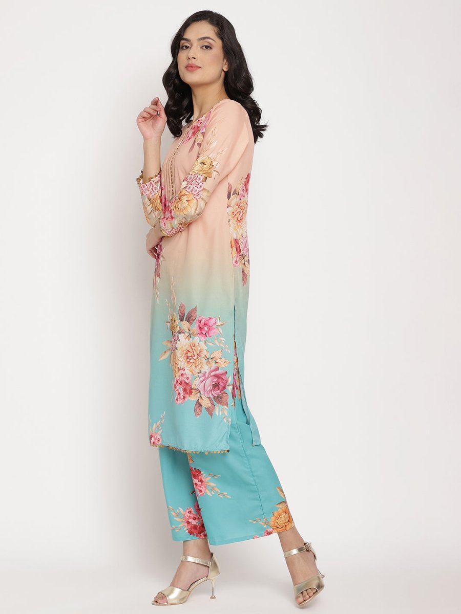 Ahalyaa Women Peach-Coloured Floral Printed Regular Sequinned Kurta With Palazzos & Dupatta | Grocsy