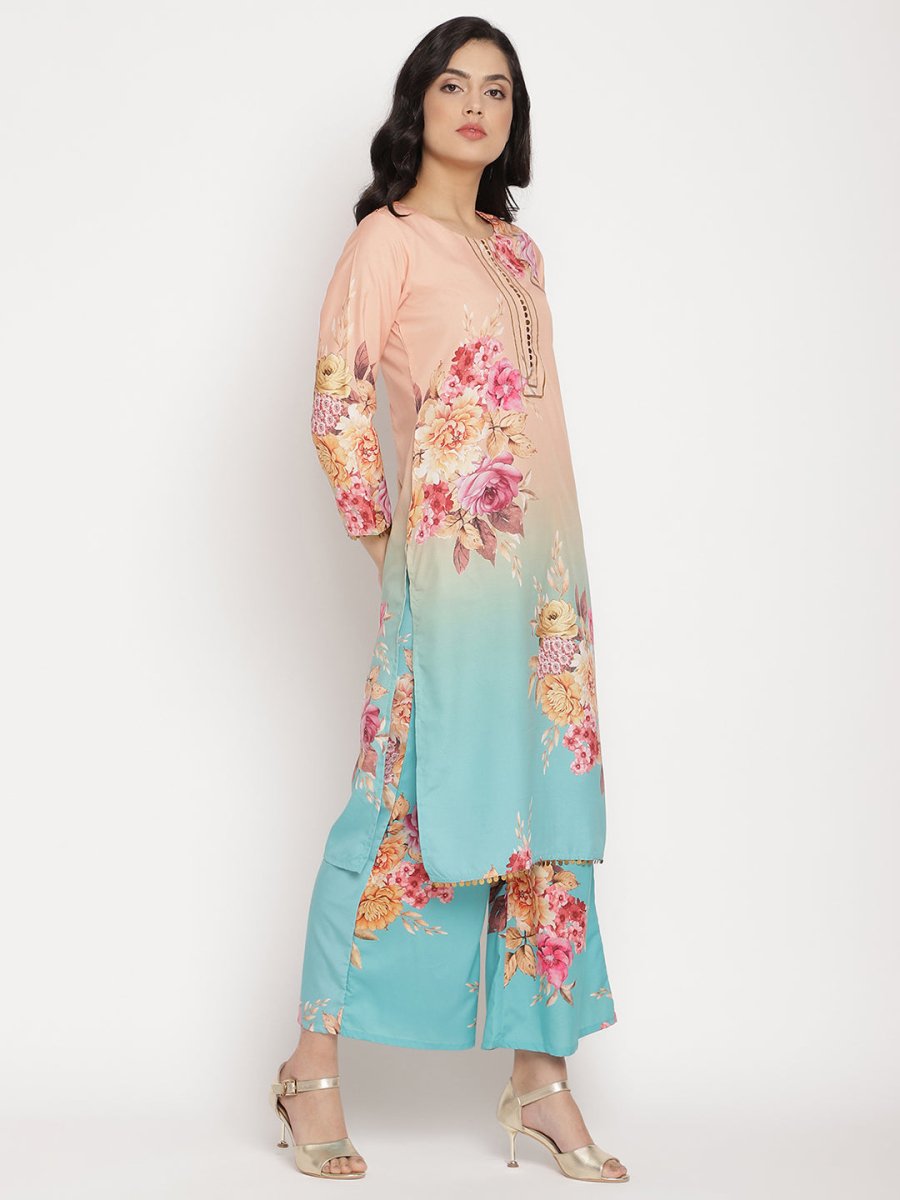 Ahalyaa Women Peach-Coloured Floral Printed Regular Sequinned Kurta With Palazzos & Dupatta | Grocsy