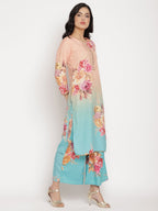 Ahalyaa Women Peach-Coloured Floral Printed Regular Sequinned Kurta With Palazzos & Dupatta | Grocsy