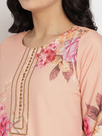 Ahalyaa Women Peach-Coloured Floral Printed Regular Sequinned Kurta With Palazzos & Dupatta | Grocsy