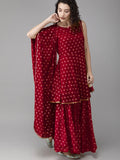 Ahalyaa Women Maroon & Gold-Toned Printed Kurti With Sharara & Dupatta | Grocsy