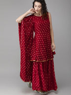 Ahalyaa Women Maroon & Gold-Toned Printed Kurti With Sharara & Dupatta | Grocsy