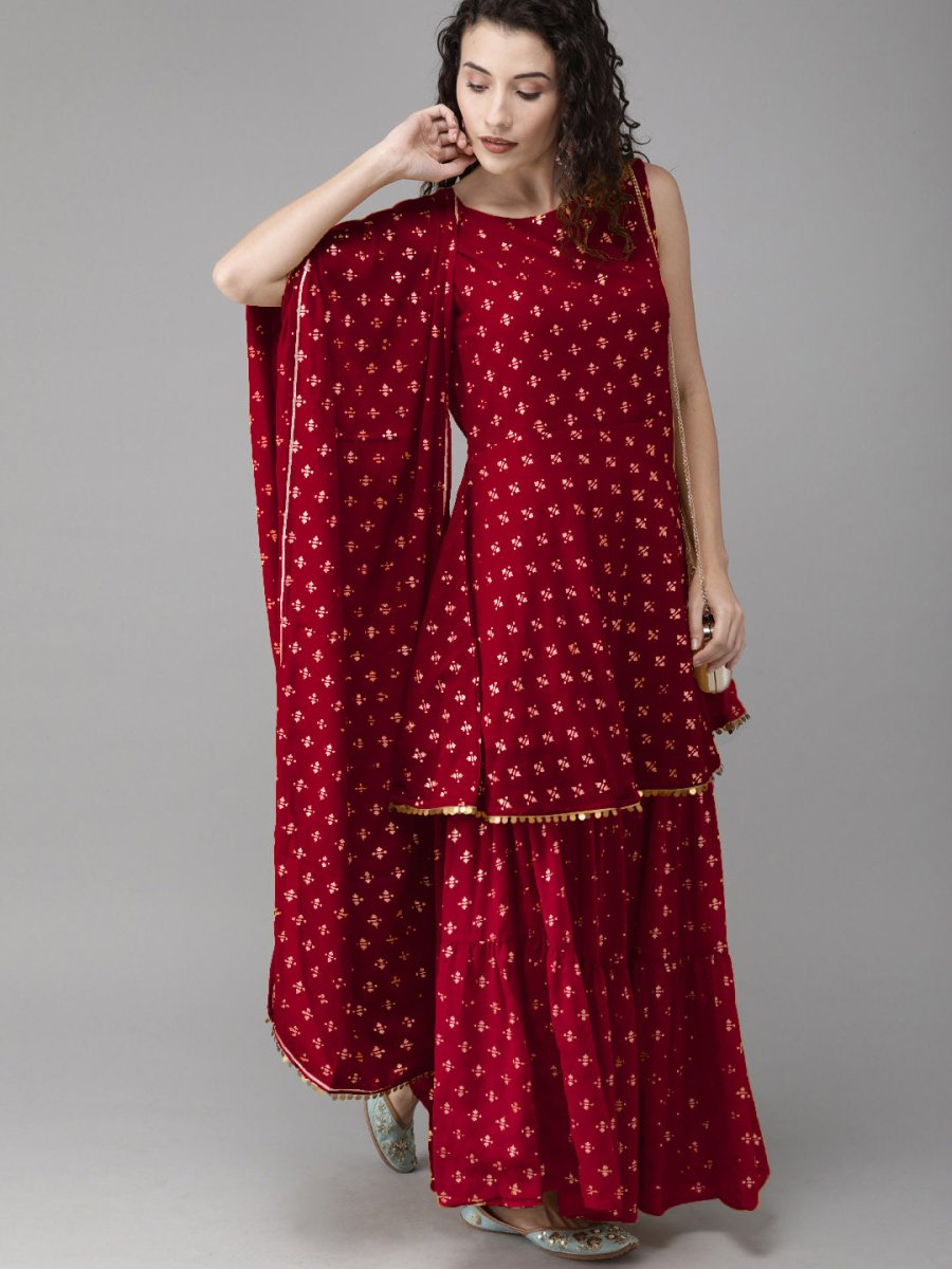 Ahalyaa Women Maroon & Gold-Toned Printed Kurti With Sharara & Dupatta | Grocsy