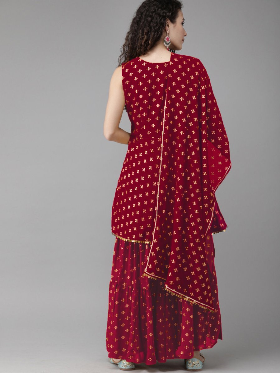 Ahalyaa Women Maroon & Gold-Toned Printed Kurti With Sharara & Dupatta | Grocsy