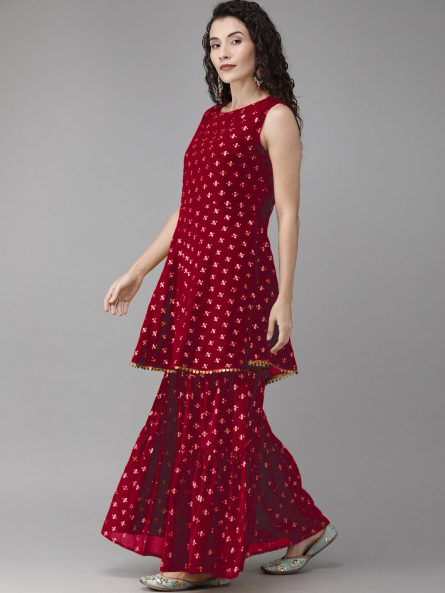 Ahalyaa Women Maroon & Gold-Toned Printed Kurti With Sharara & Dupatta | Grocsy