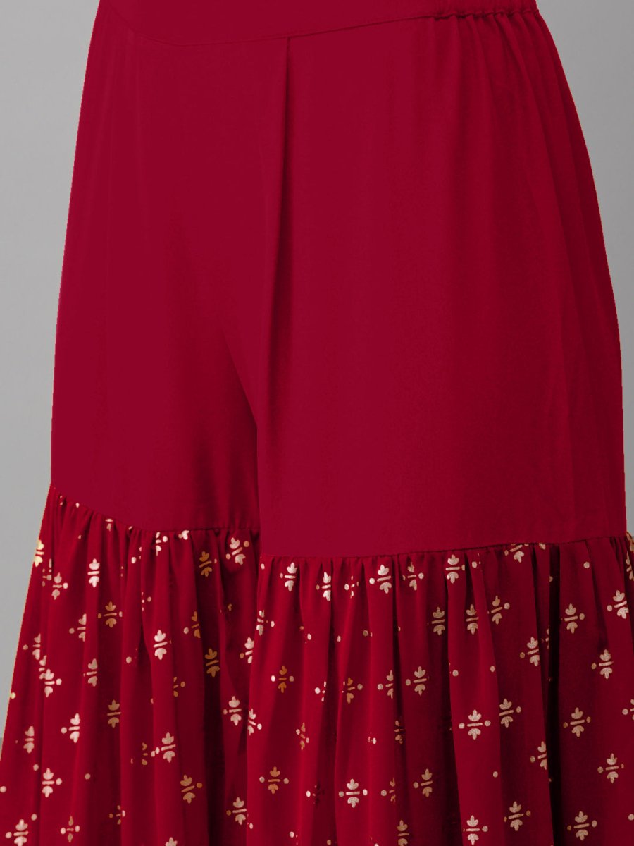 Ahalyaa Women Maroon & Gold-Toned Printed Kurti With Sharara & Dupatta | Grocsy