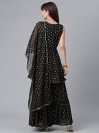 Ahalyaa Women Black Ethnic Motifs Printed Empire Kurta With Sharara & Dupatta | Grocsy