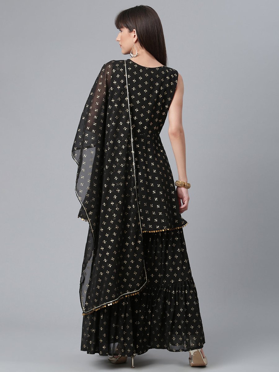 Ahalyaa Women Black Ethnic Motifs Printed Empire Kurta With Sharara & Dupatta | Grocsy