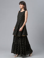 Ahalyaa Women Black Ethnic Motifs Printed Empire Kurta With Sharara & Dupatta | Grocsy