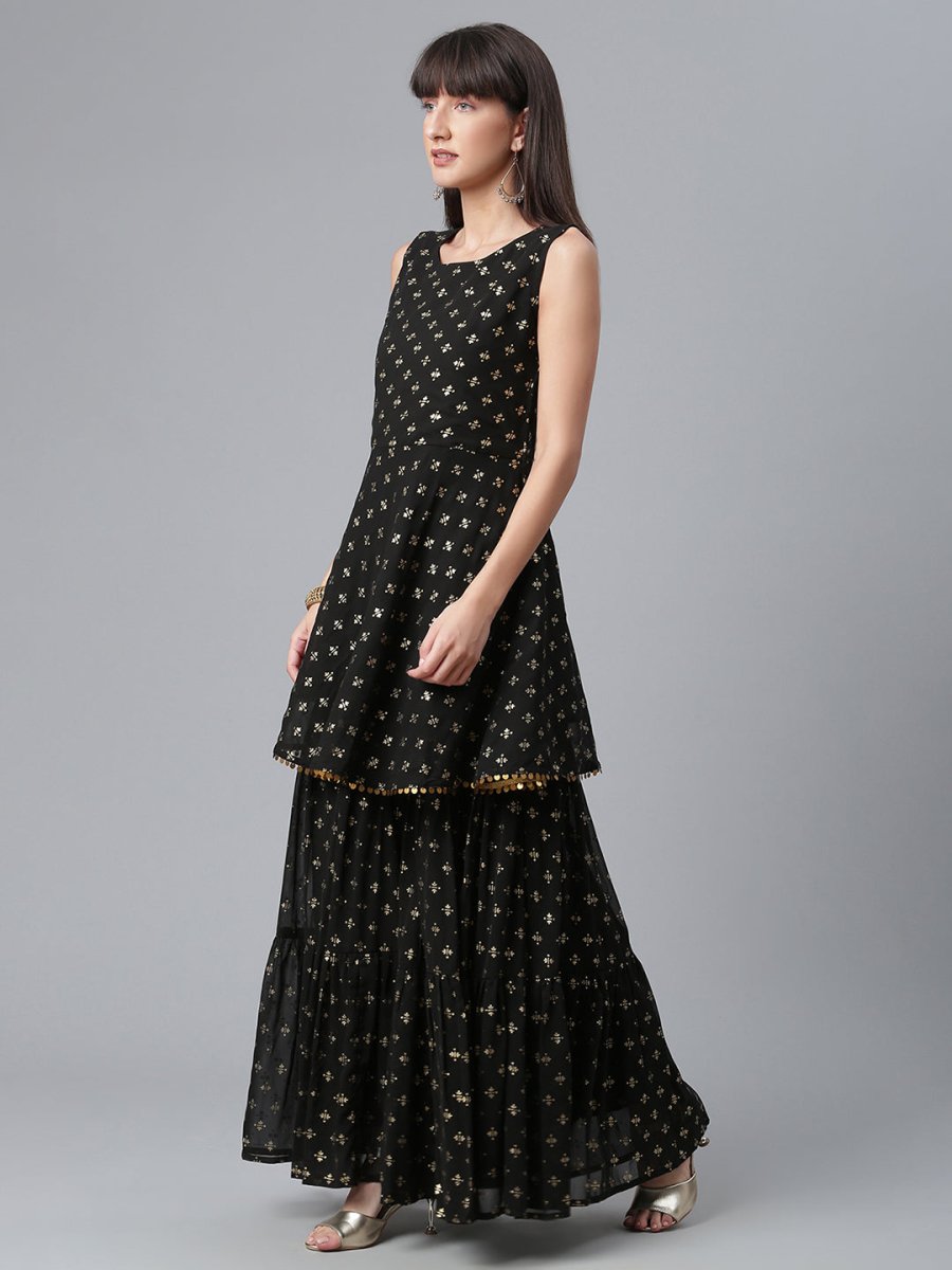 Ahalyaa Women Black Ethnic Motifs Printed Empire Kurta With Sharara & Dupatta | Grocsy