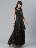 Ahalyaa Women Black Ethnic Motifs Printed Empire Kurta With Sharara & Dupatta | Grocsy
