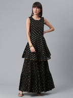 Ahalyaa Women Black Ethnic Motifs Printed Empire Kurta With Sharara & Dupatta | Grocsy