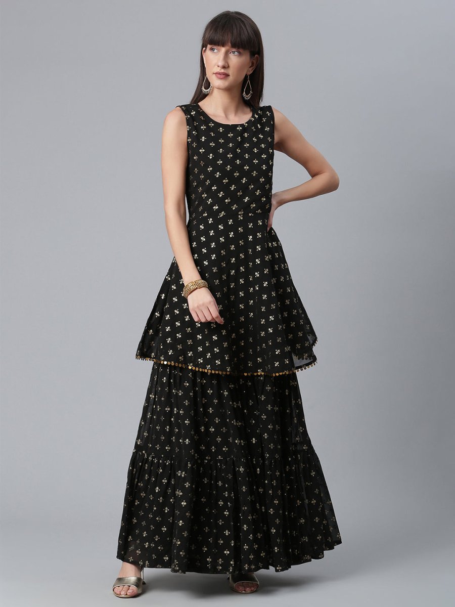 Ahalyaa Women Black Ethnic Motifs Printed Empire Kurta With Sharara & Dupatta | Grocsy