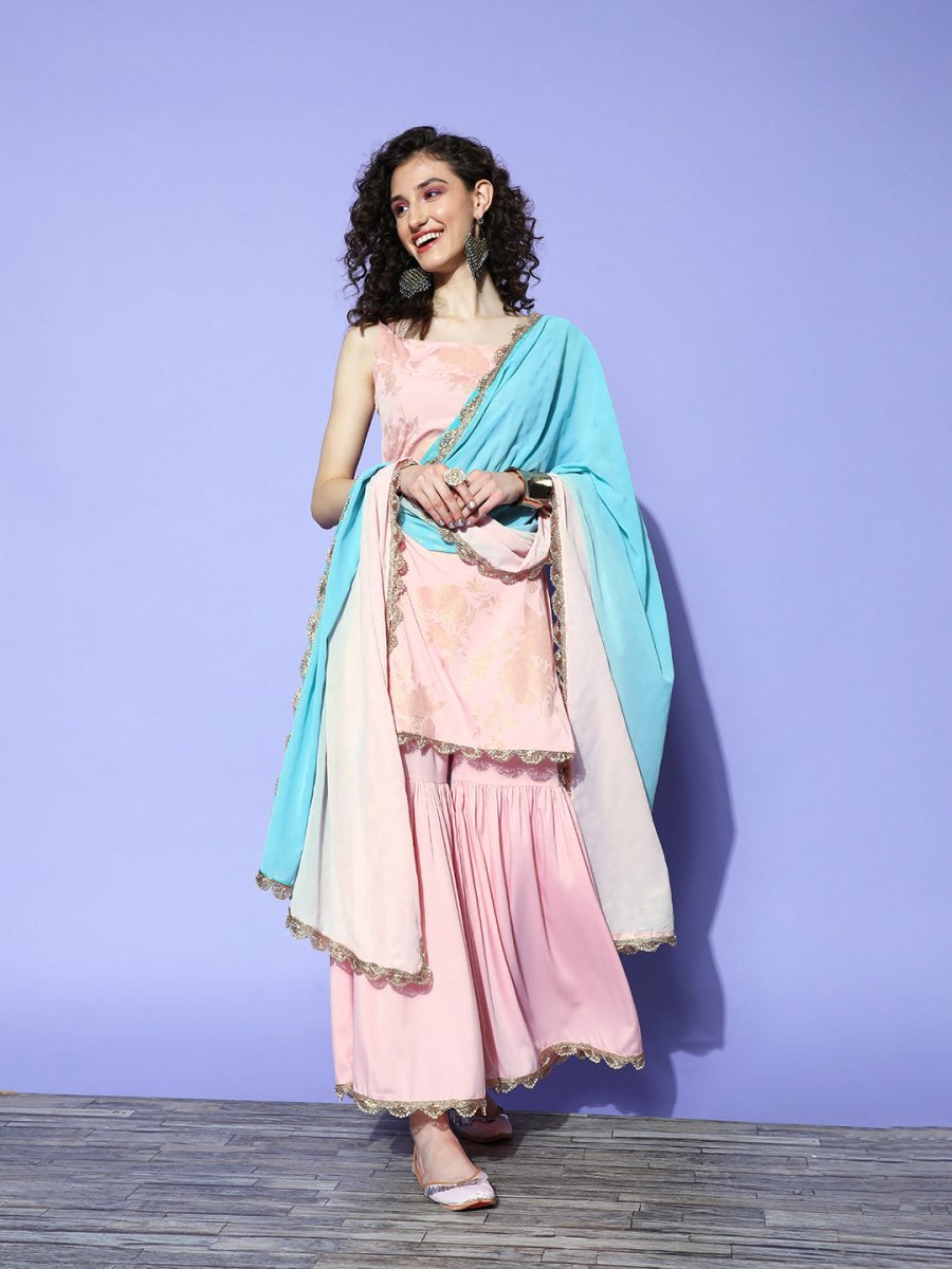 Ahalyaa Pink Floral Printed Regular Kurti With Sharara & With Dupatta | Grocsy