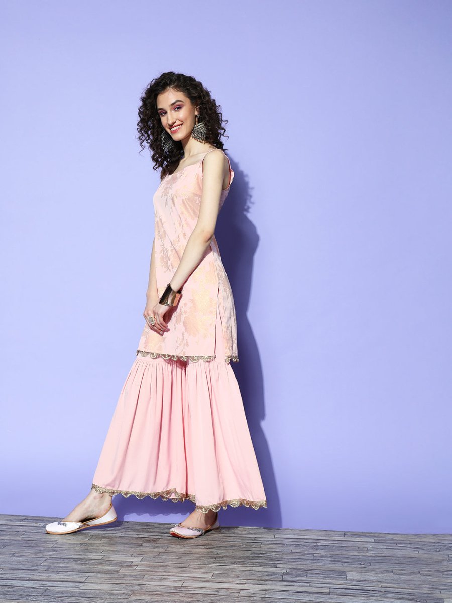Ahalyaa Pink Floral Printed Regular Kurti With Sharara & With Dupatta | Grocsy