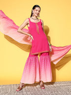 Ahalyaa Women Pink Ombre Printed Gotta Patti Kurti with Sharara & With Dupatta | Grocsy