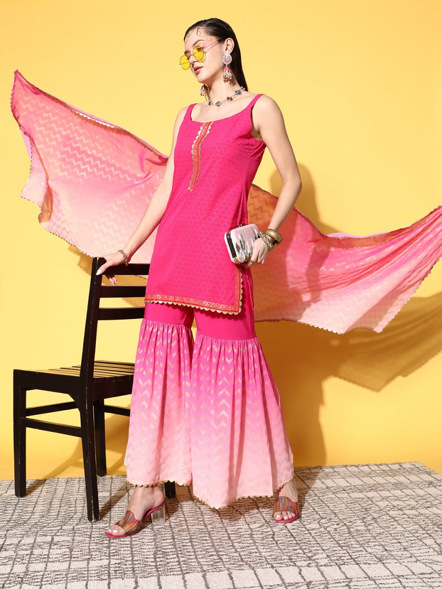 Ahalyaa Women Pink Ombre Printed Gotta Patti Kurti with Sharara & With Dupatta | Grocsy