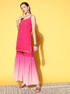 Ahalyaa Women Pink Ombre Printed Gotta Patti Kurti with Sharara & With Dupatta | Grocsy