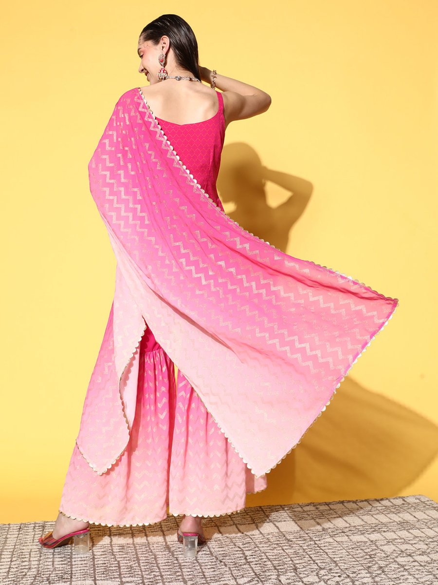 Ahalyaa Women Pink Ombre Printed Gotta Patti Kurti with Sharara & With Dupatta | Grocsy