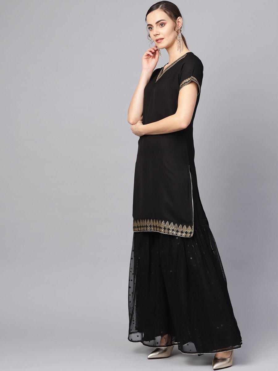 Ahalyaa Solid Black Kurta with Sharara Set | Grocsy