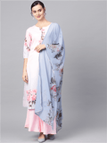 Ahalyaa Pastel Pink Floral Print Kurta With Sharara & Dupatta | Grocsy