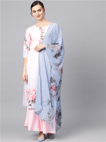 Ahalyaa Pastel Pink Floral Print Kurta With Sharara & Dupatta | Grocsy