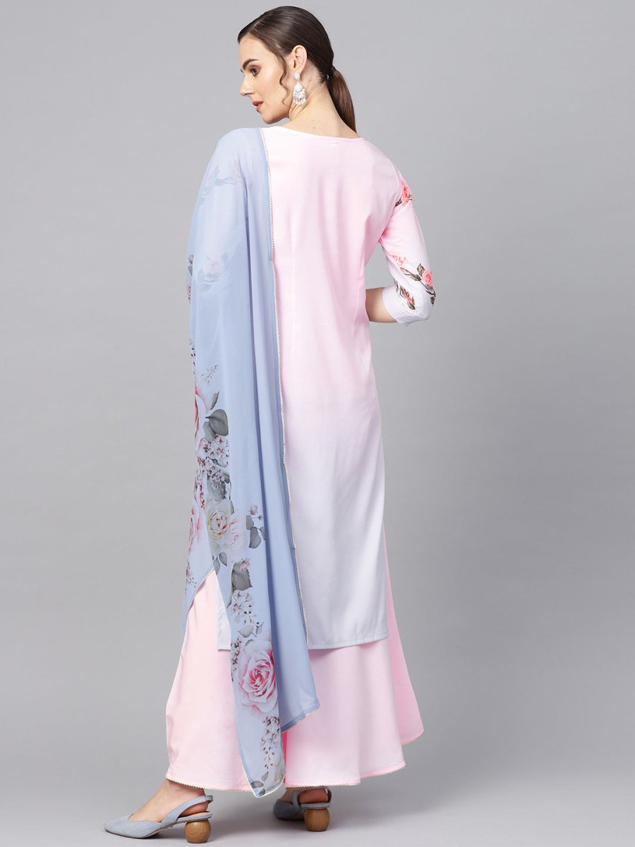 Ahalyaa Pastel Pink Floral Print Kurta With Sharara & Dupatta | Grocsy
